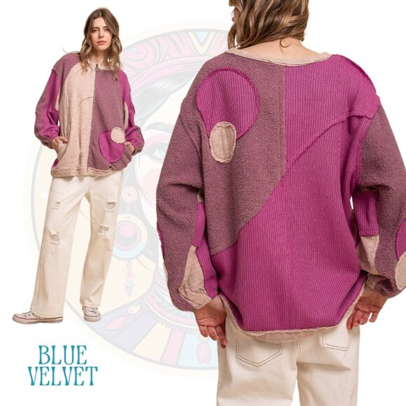 1V BLUE VELVET Long Sleeve Mixed Materials Zip Up Shirt Pink Combo - Picture 2 of 2